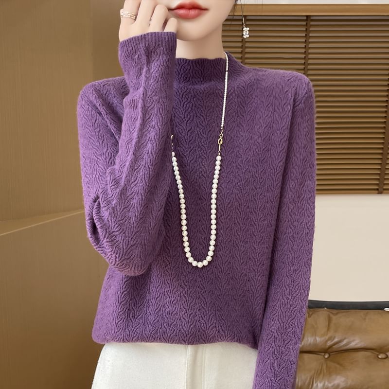 Mock Neck Plain Pointelle Embossed Knitted Sweater