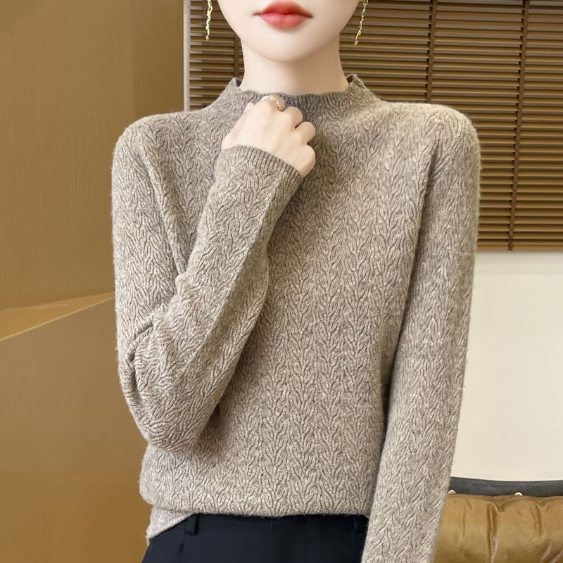 Mock Neck Plain Pointelle Embossed Knitted Sweater