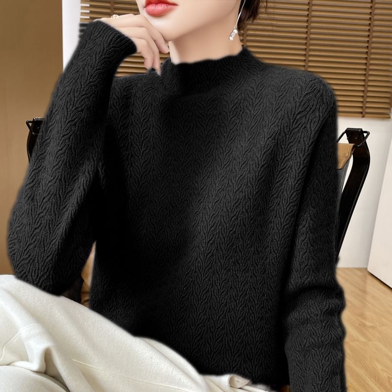 Mock Neck Plain Pointelle Embossed Knitted Sweater