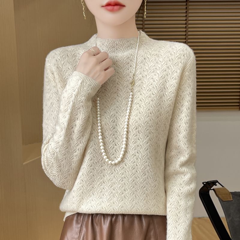 Mock Neck Plain Pointelle Embossed Knitted Sweater