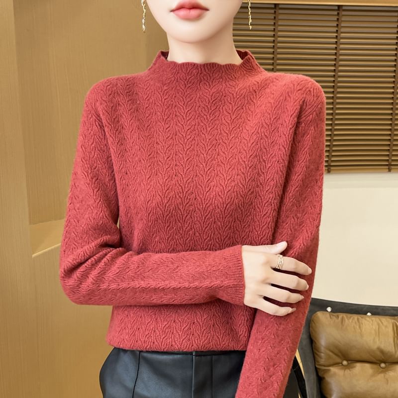 Mock Neck Plain Pointelle Embossed Knitted Sweater