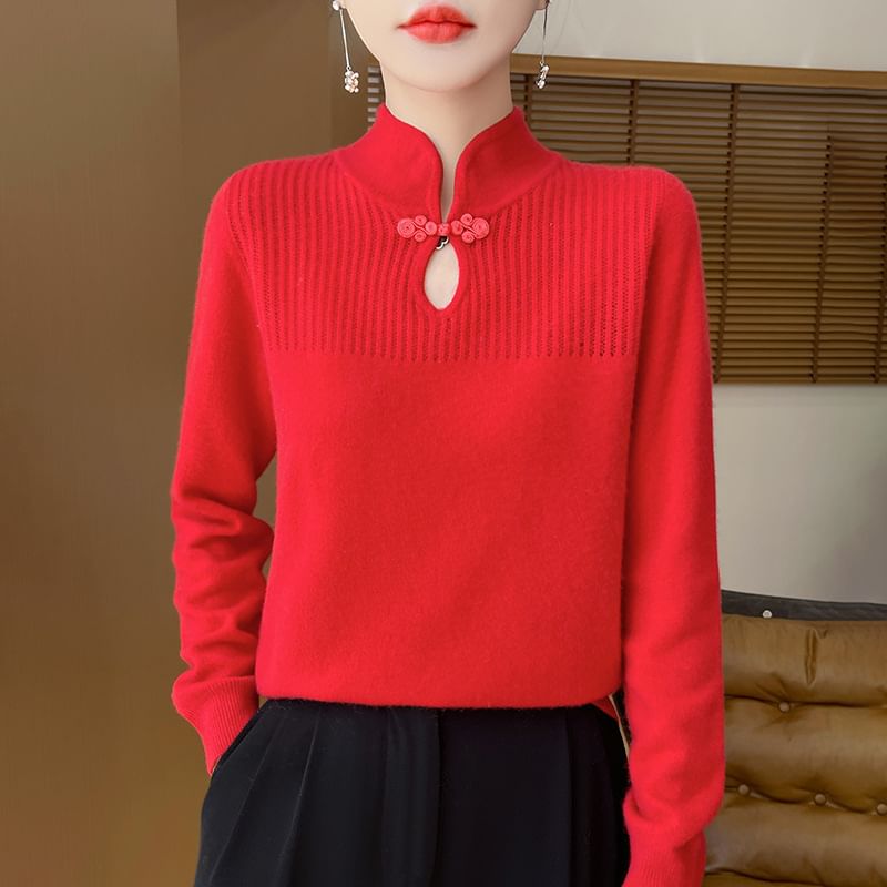 Long Sleeve Mandarin Collar Keyhole Plain Sweater