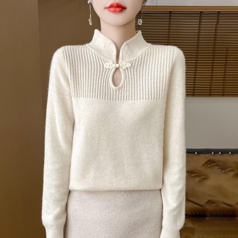 Long Sleeve Mandarin Collar Keyhole Plain Sweater