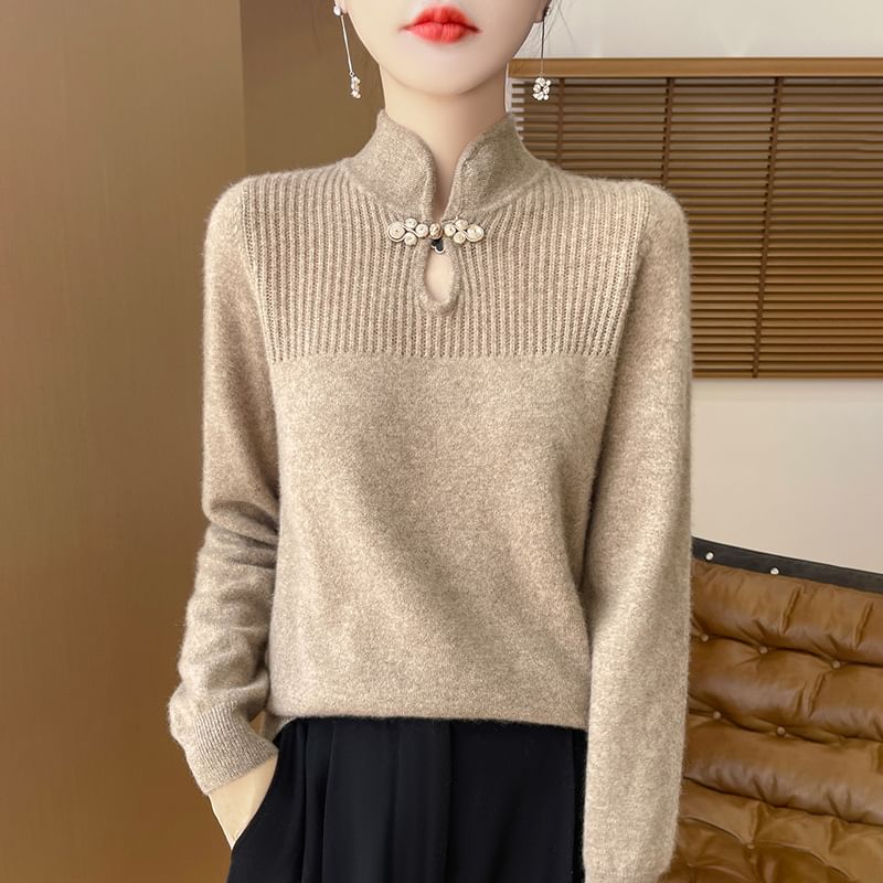 Long Sleeve Mandarin Collar Keyhole Plain Sweater