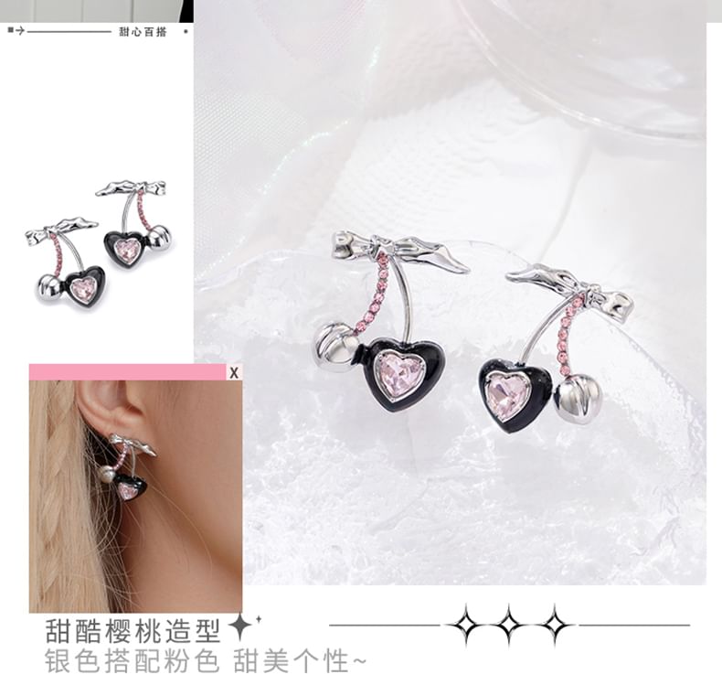 Sterling / Ear Earring Stud Cuff Silver Cherry Rhinestone