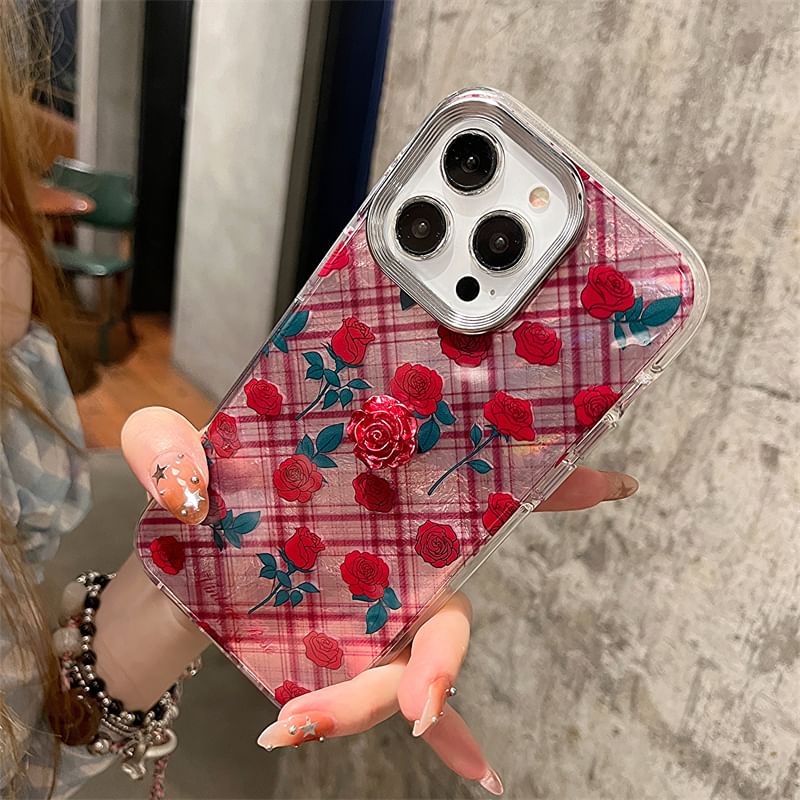 Set / Rose Decoration Plaid Phone Adhesive Case