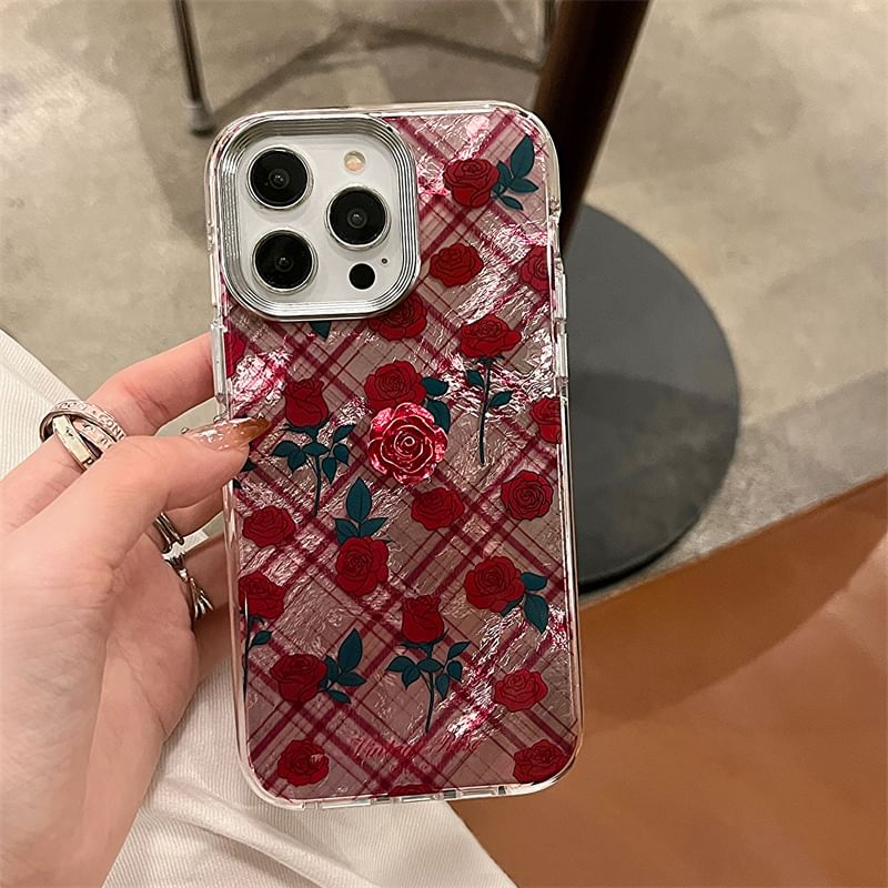 Set / Rose Decoration Plaid Phone Adhesive Case