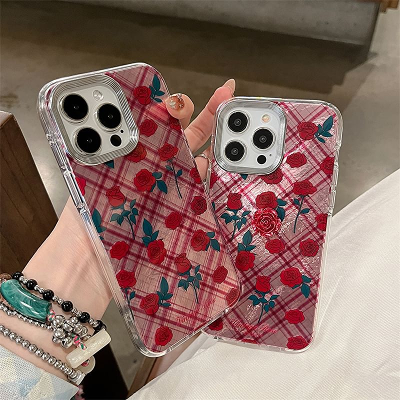 Set / Rose Decoration Plaid Phone Adhesive Case