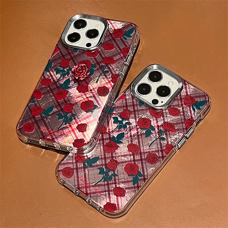Set / Rose Decoration Plaid Phone Adhesive Case