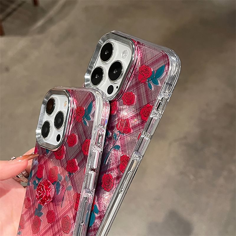 Set / Rose Decoration Plaid Phone Adhesive Case