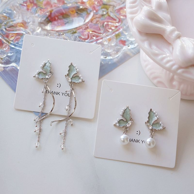 Drop Pearl Rhinestone Earring Butterfly Faux