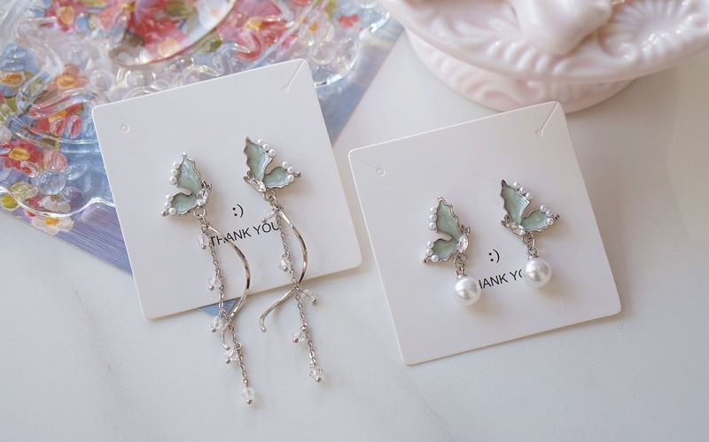Drop Pearl Rhinestone Earring Butterfly Faux