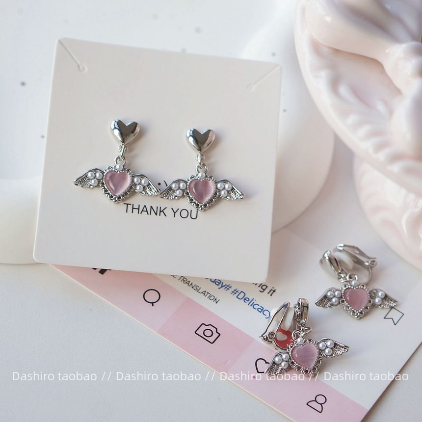 Gemstone Earring Heart Drop / Clip-On