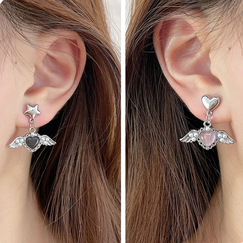 Gemstone Earring Heart Drop / Clip-On