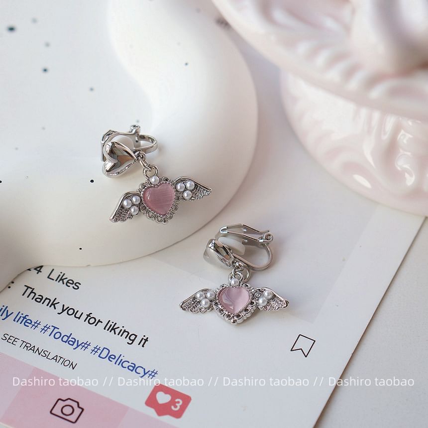 Gemstone Earring Heart Drop / Clip-On
