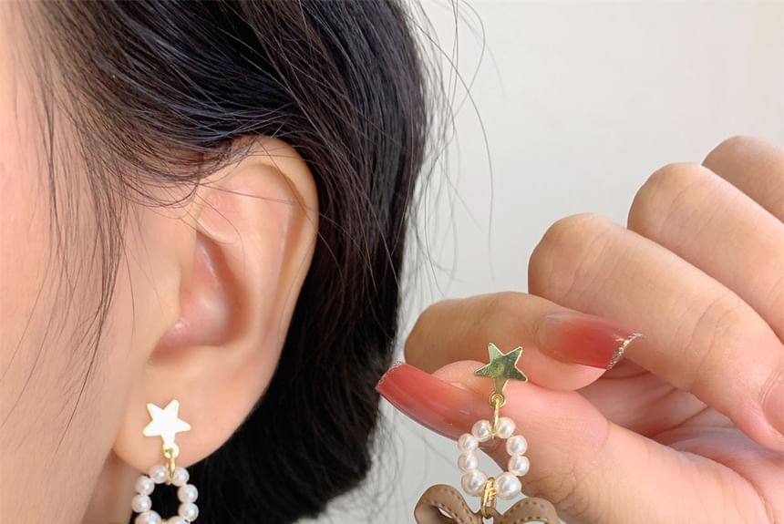 Clip-On Pearl Drop Bow Pom Faux Earring /