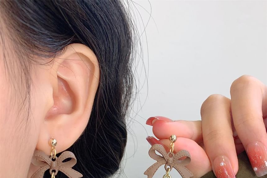 Clip-On Pearl Drop Bow Pom Faux Earring /