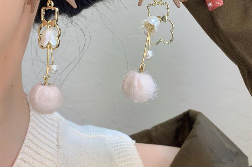 Clip-On Pearl Drop Bow Pom Faux Earring /