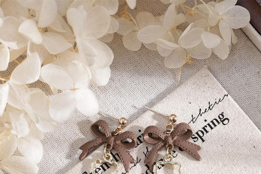 Clip-On Pearl Drop Bow Pom Faux Earring /