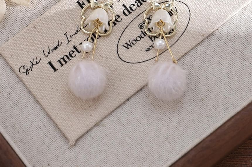 Clip-On Pearl Drop Bow Pom Faux Earring /