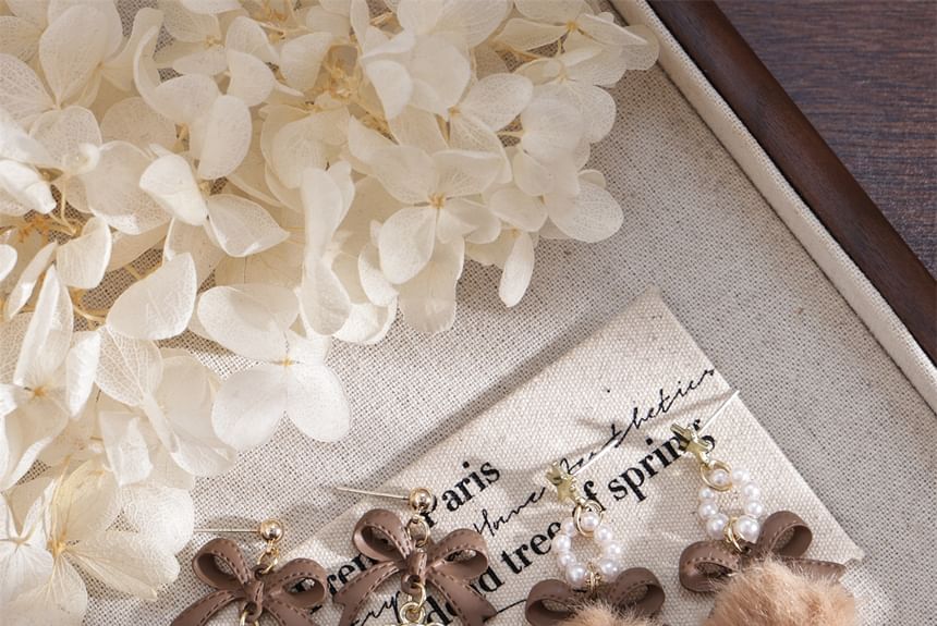 Clip-On Pearl Drop Bow Pom Faux Earring /