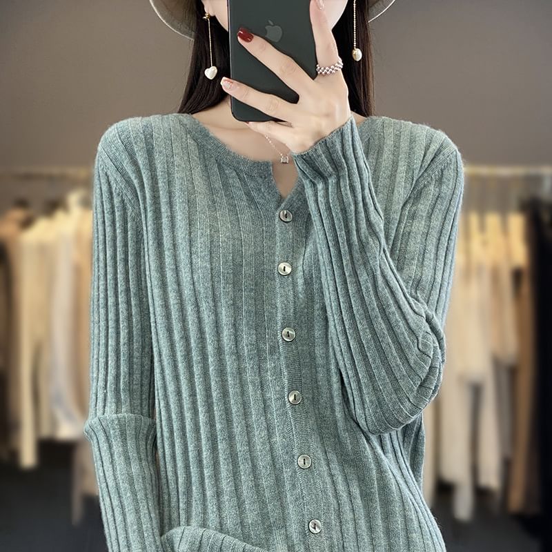 V-Neck Plain Ribbed Knitted Crop Cardigan