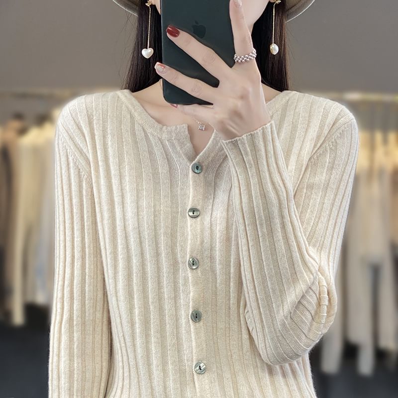 V-Neck Plain Ribbed Knitted Crop Cardigan