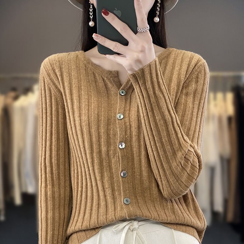 V-Neck Plain Ribbed Knitted Crop Cardigan