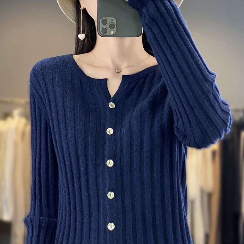 V-Neck Plain Ribbed Knitted Crop Cardigan