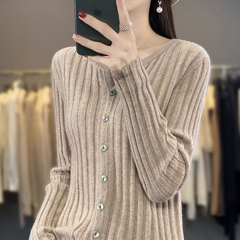 V-Neck Plain Ribbed Knitted Crop Cardigan