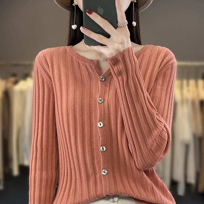 V-Neck Plain Ribbed Knitted Crop Cardigan