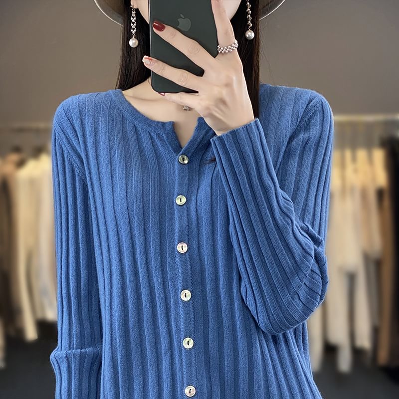 V-Neck Plain Ribbed Knitted Crop Cardigan