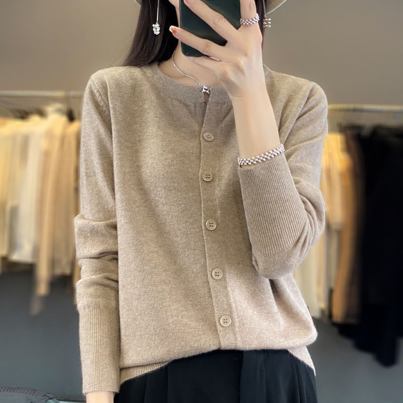 Round Neck Plain Button Knitted Cardigan