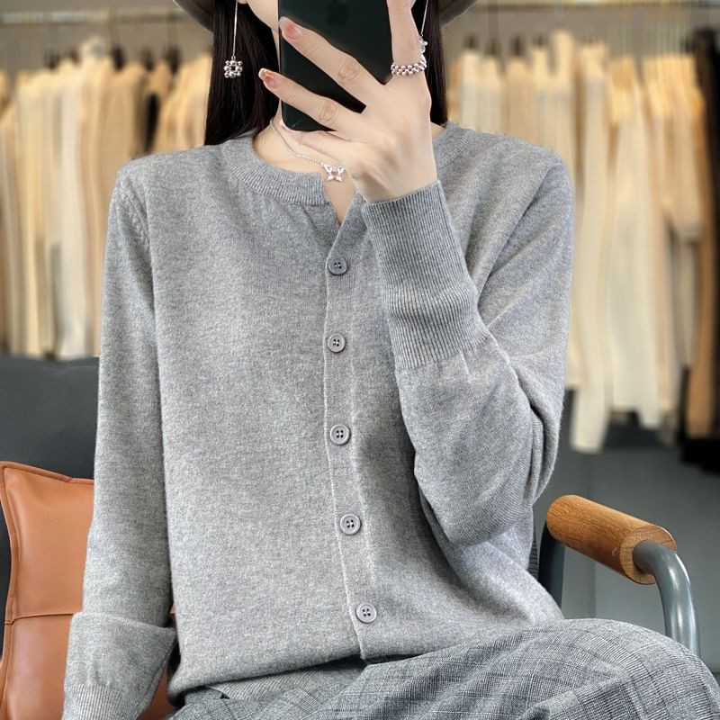 Round Neck Plain Button Knitted Cardigan