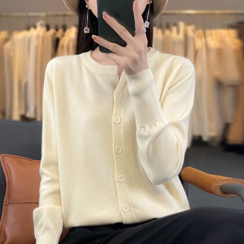 Round Neck Plain Button Knitted Cardigan
