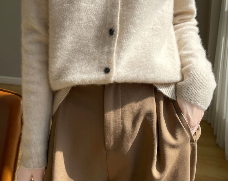 Round Neck Plain Fluffy Button Cardigan
