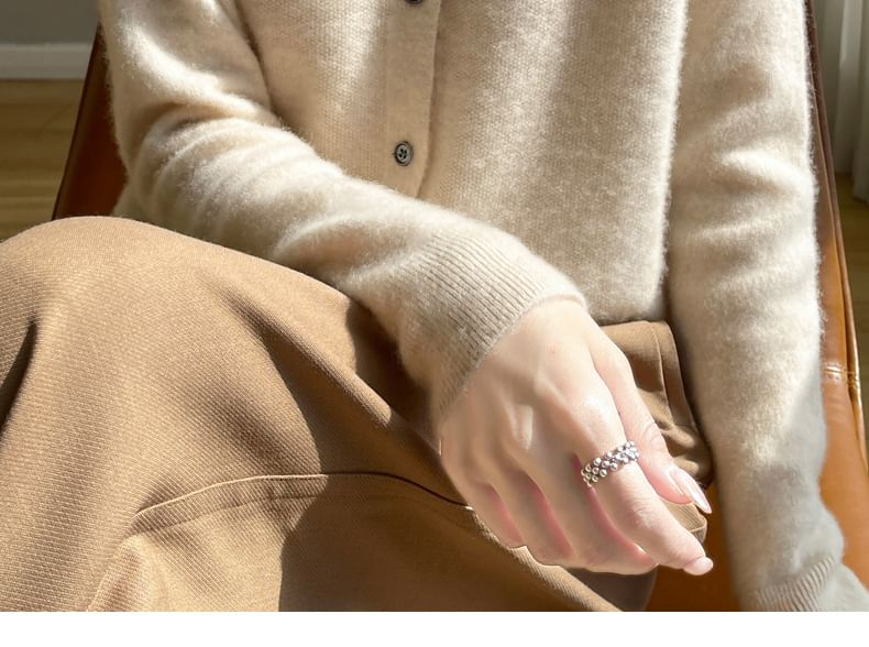 Round Neck Plain Fluffy Button Cardigan