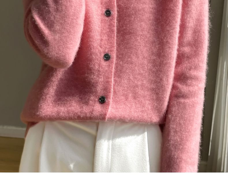 Round Neck Plain Fluffy Button Cardigan
