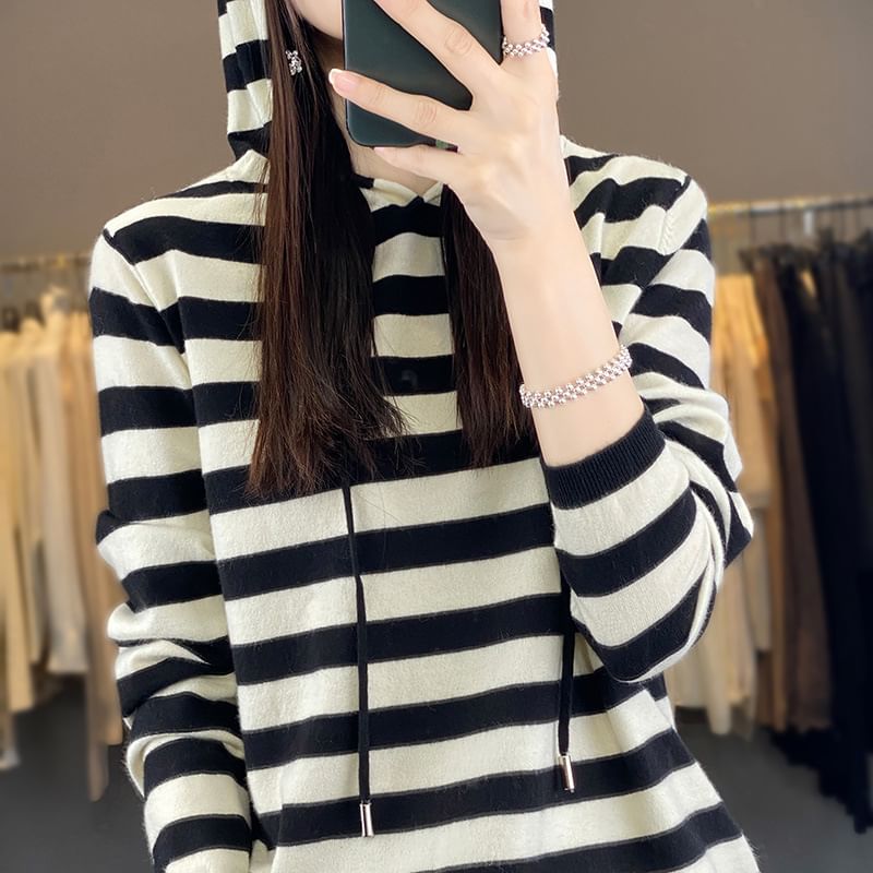 Long Sleeve Hooded Drawstring Striped Sweater