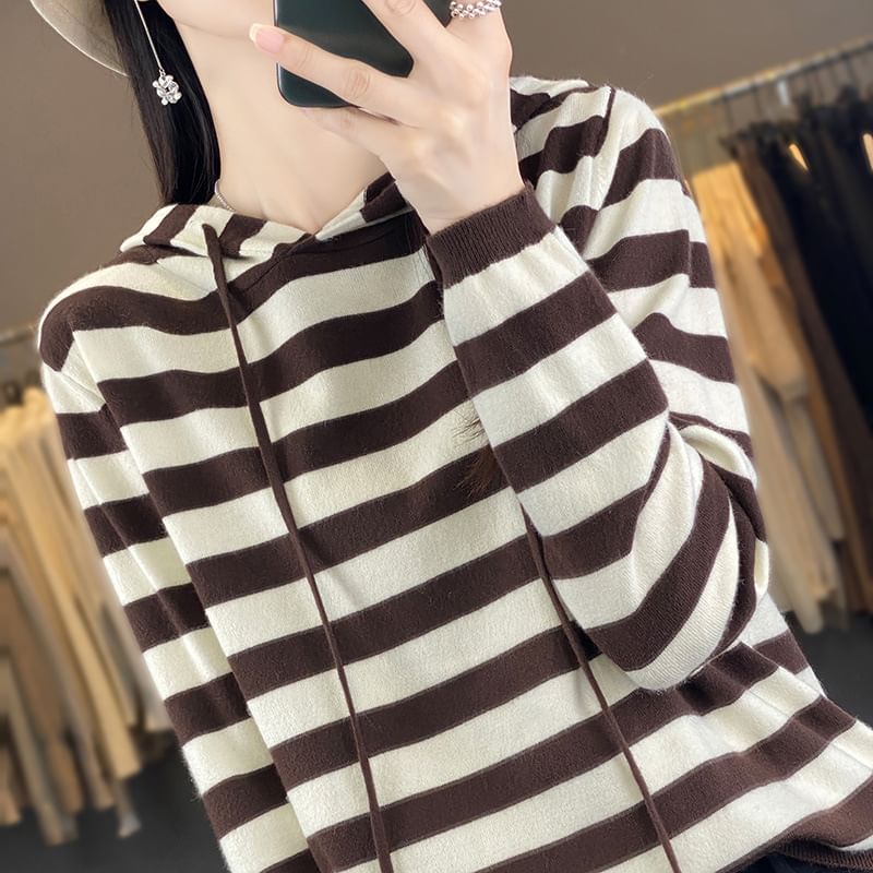 Long Sleeve Hooded Drawstring Striped Sweater