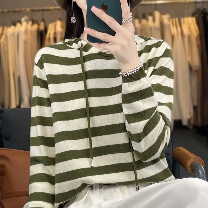 Long Sleeve Hooded Drawstring Striped Sweater