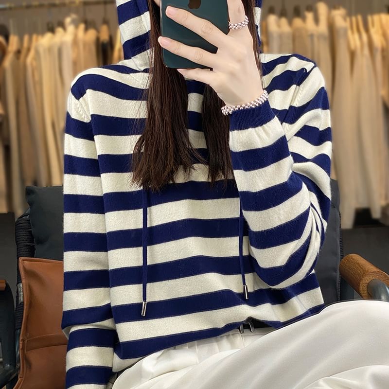 Long Sleeve Hooded Drawstring Striped Sweater
