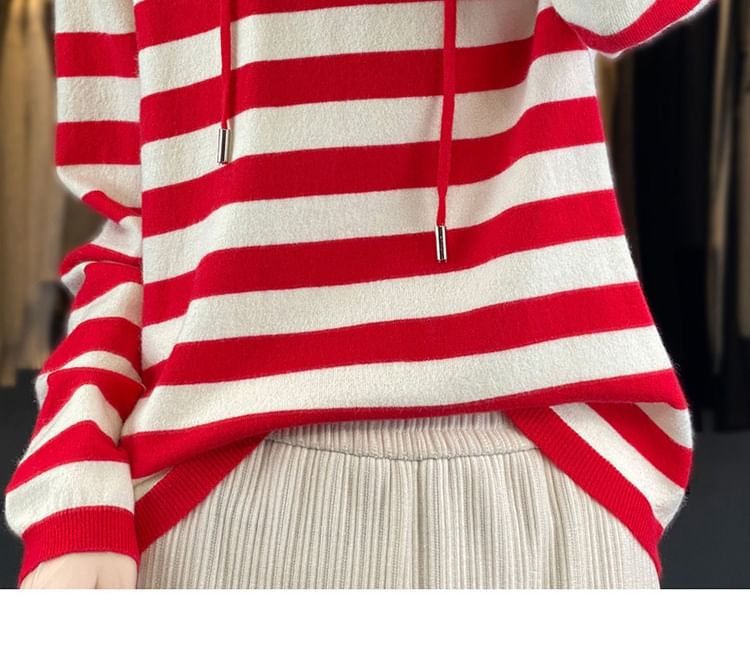 Long Sleeve Hooded Drawstring Striped Sweater