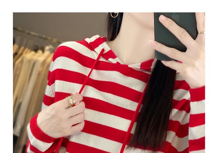 Long Sleeve Hooded Drawstring Striped Sweater