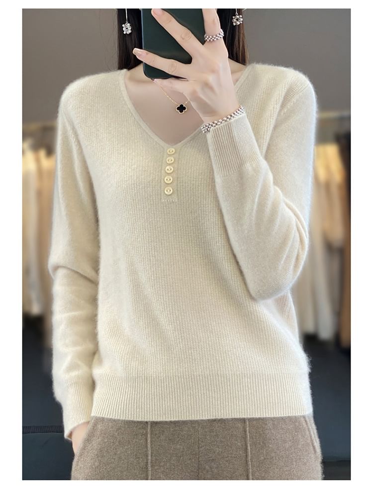 V-Neck Plain Button Up Ribbed Knit Sweater