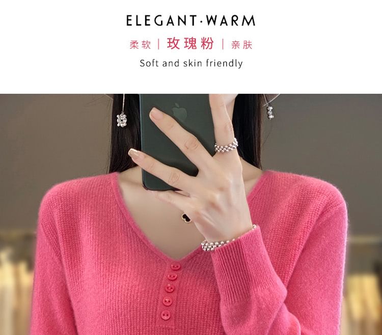 V-Neck Plain Button Up Ribbed Knit Sweater