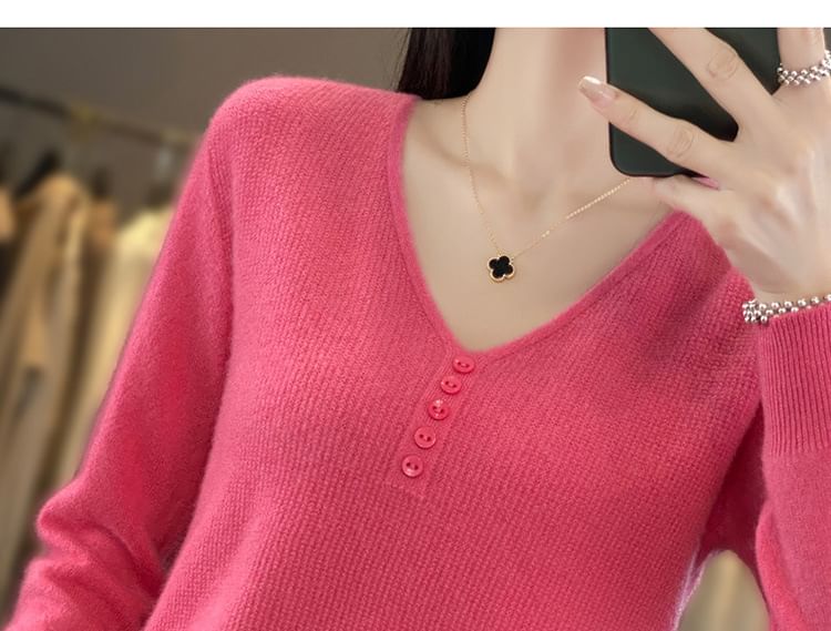 V-Neck Plain Button Up Ribbed Knit Sweater