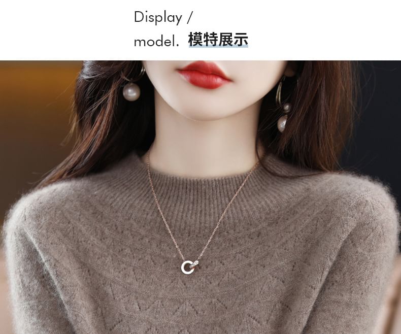 Mock Neck Plain Pointelle Sweater