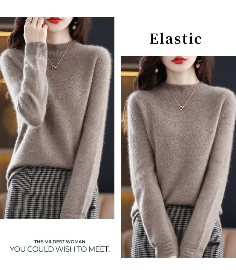 Mock Neck Plain Pointelle Sweater