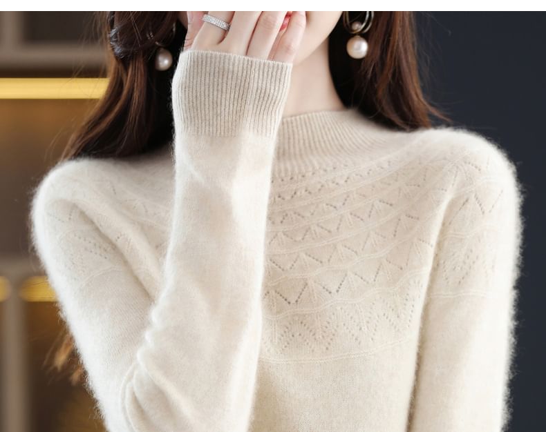 Mock Neck Plain Pointelle Sweater